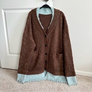 Mint green/brown contrast V-neck mohair/wool blended cardigan coat